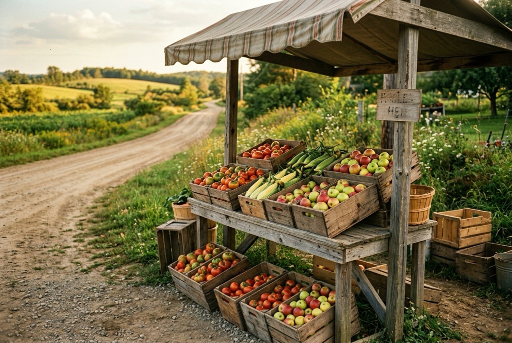 A vintage roadside produce table stacked with fresh-picked harvest