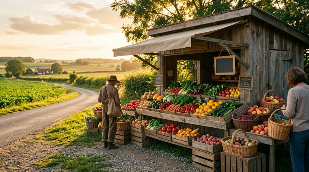 A featured grower's roadside produce stand in golden afternoon light